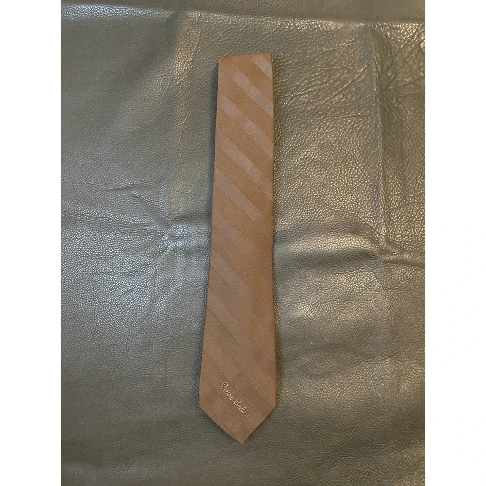 Pierre Cardin Vintage Men's Tie Brown Diagonal Stripes Polyester Logo Slim Style